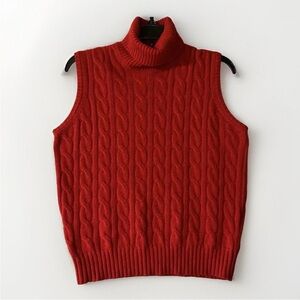Red Cashmere Cable Knit Sweater Sleeveless Turtleneck Vintage Holiday